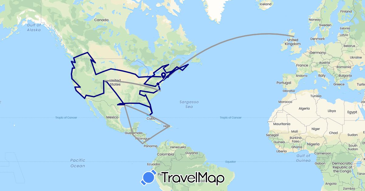 TravelMap itinerary: driving, plane, boat in Canada, Costa Rica, Dominican Republic, United Kingdom, Guatemala, United States (Europe, North America)